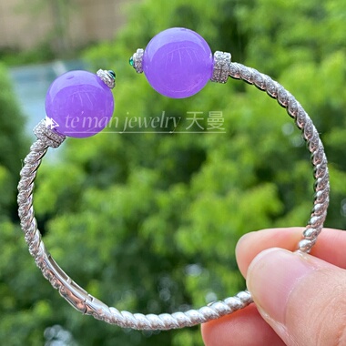 九紫离火｜优化高冰妖紫罗兰翡翠双珠手镯新中式小众设计925银
