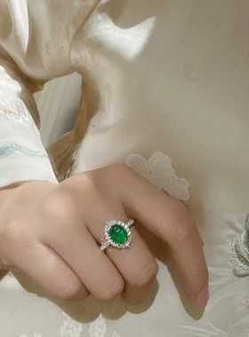 蛋面正阳绿S925银镶嵌戒指冰种