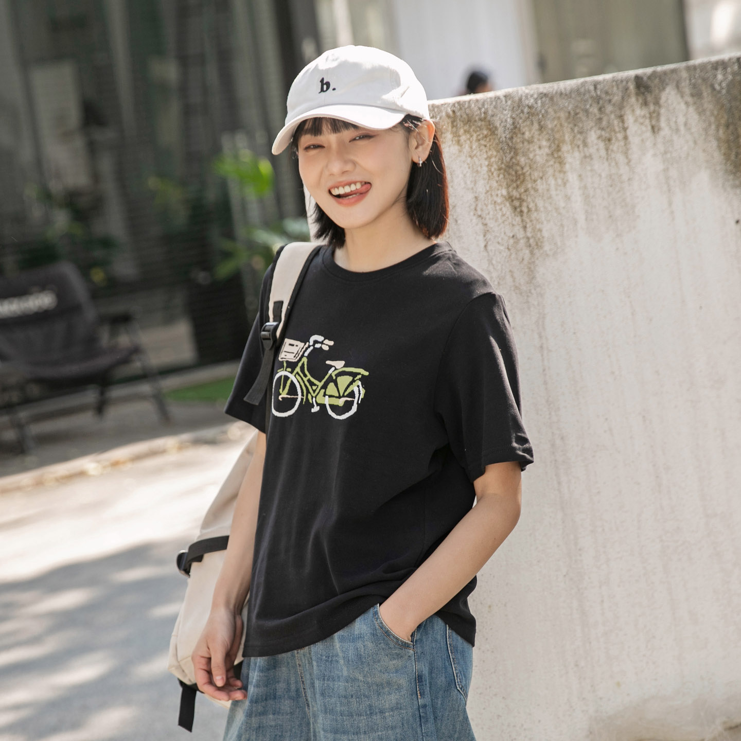 角舍2026夏季新款 自行车圆领印花宽松正肩短袖T恤女士小个子上衣