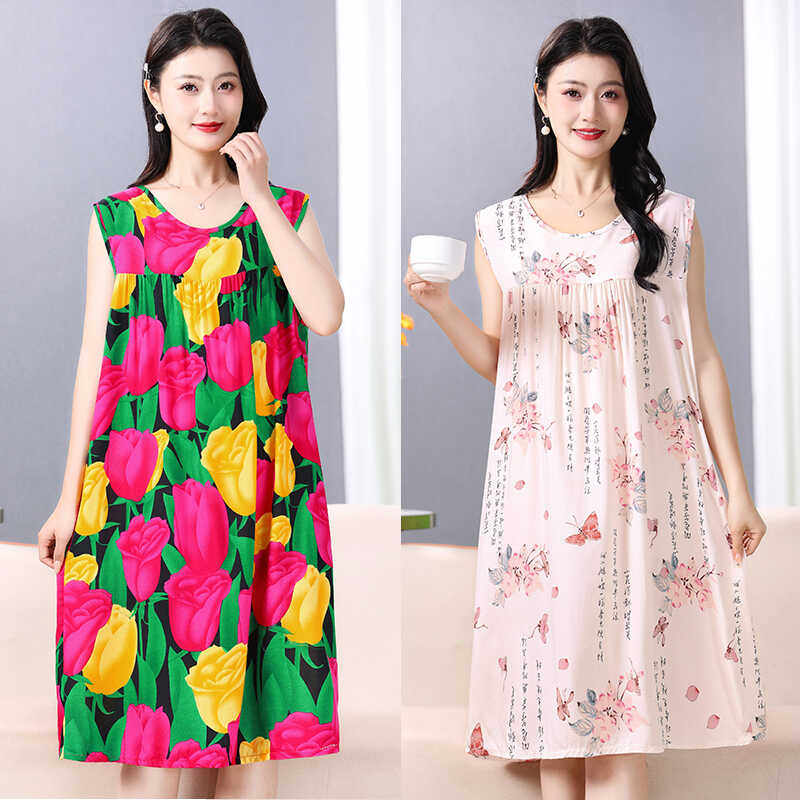 妈妈裙夏女裙棉绸大码家居服女裙时尚女睡裙碎花裙中年连衣裙2024