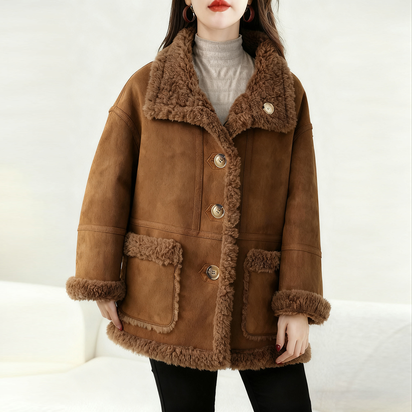 两面穿羊羔毛皮毛一体羊剪绒大衣女2025冬新款宽松颗粒绒皮草外套