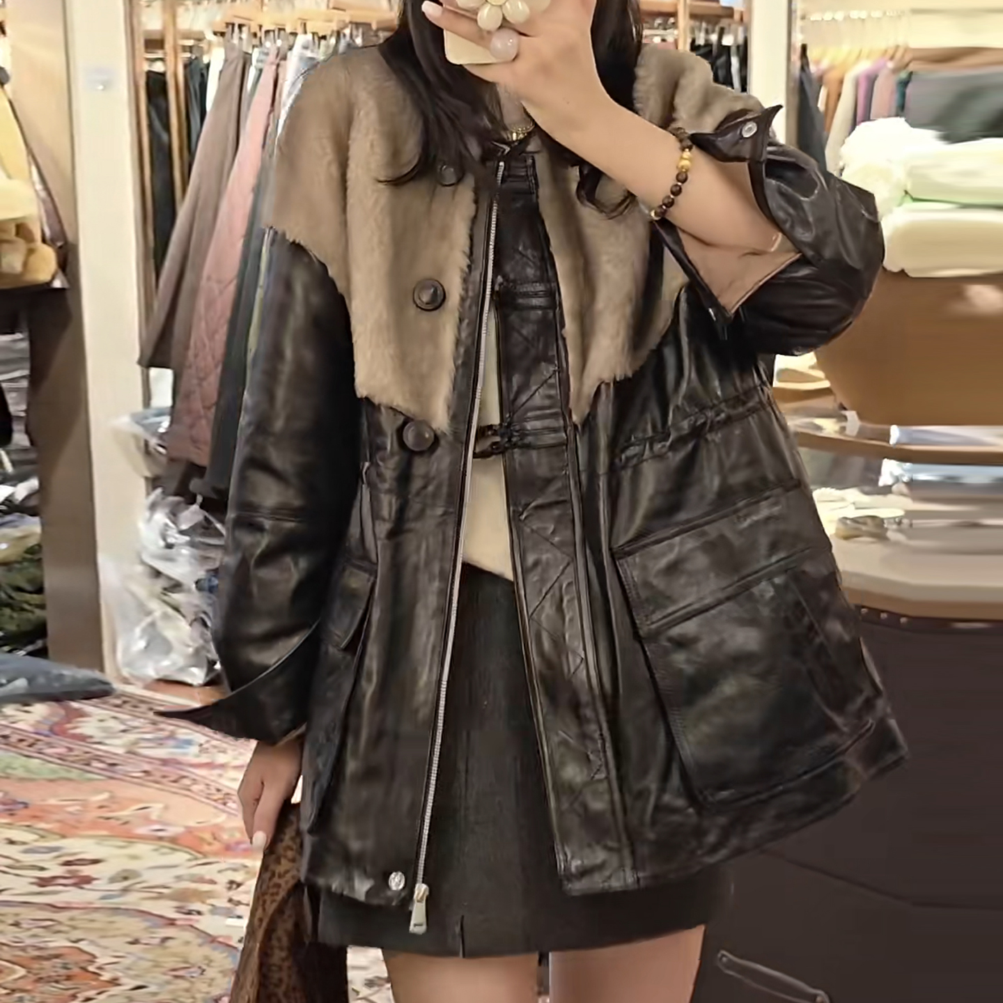 皮毛一体拼接真皮羽绒服女款2025新款中长款收腰保暖鹅绒皮衣外套