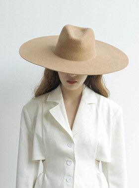 欧美秋冬新款羊毛呢大檐爵士礼帽简约时尚舞台造型大沿优雅礼帽