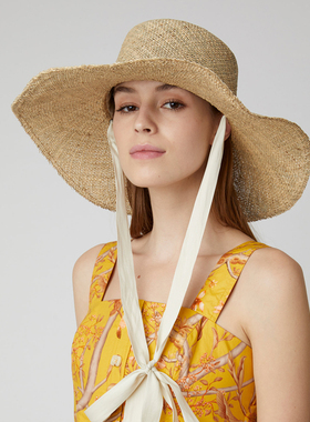 夏季新款安娜anna同款海草平顶帽女帽草帽 绑带大帽檐防晒遮阳帽