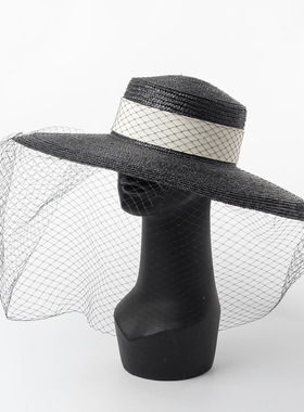 春夏新款复古网纱装饰大帽檐平顶麦秆草帽舞台走秀摄影凹造型帽