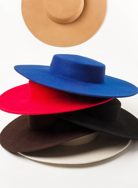 欧美时尚复古浅平顶大檐羊毛呢礼帽走秀舞台演出造型婚纱宴会毡帽