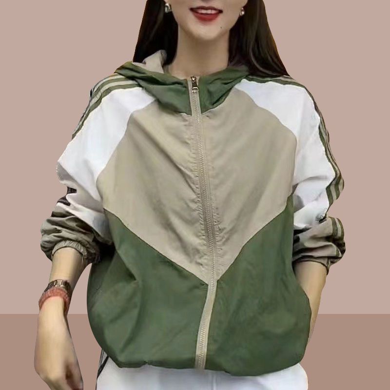 欧货撞色拼接连帽防晒衣外套女拉链开衫2025春夏新款薄防晒服女士