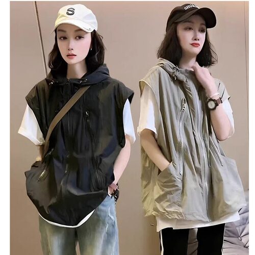 欧货新款早秋马甲女薄款宽松休闲拉链无袖连帽显瘦马夹上衣潮 - 封面