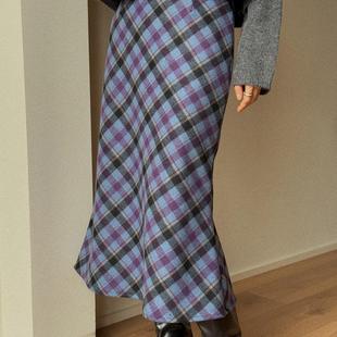 紫格立体斜裁鱼尾裙左方露量身定做羊毛呢复古格纹高腰显瘦半身裙