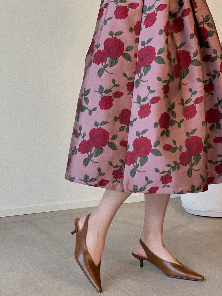 Jophond Lou量身定做复古玫瑰花高腰半身裙 文艺伞裙遮胯显瘦中长