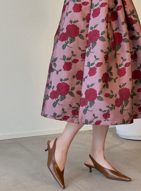 Jophond Lou量身定做复古玫瑰花高腰半身裙 文艺伞裙遮胯显瘦中长
