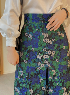 Jophond Lou量身定做绿色提花半身裙 a字中长款遮胯裙子显瘦 洋气