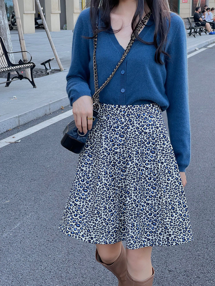 jophond lou原创秋蓝色豹纹百褶jk半身裙显腿长网红短裙女ins超火