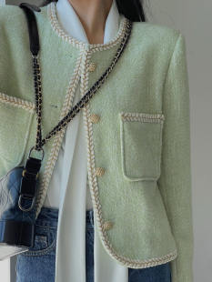 冬梨绿原创设计小香风羊毛呢外套气质时髦上衣宽松小众短外套上衣