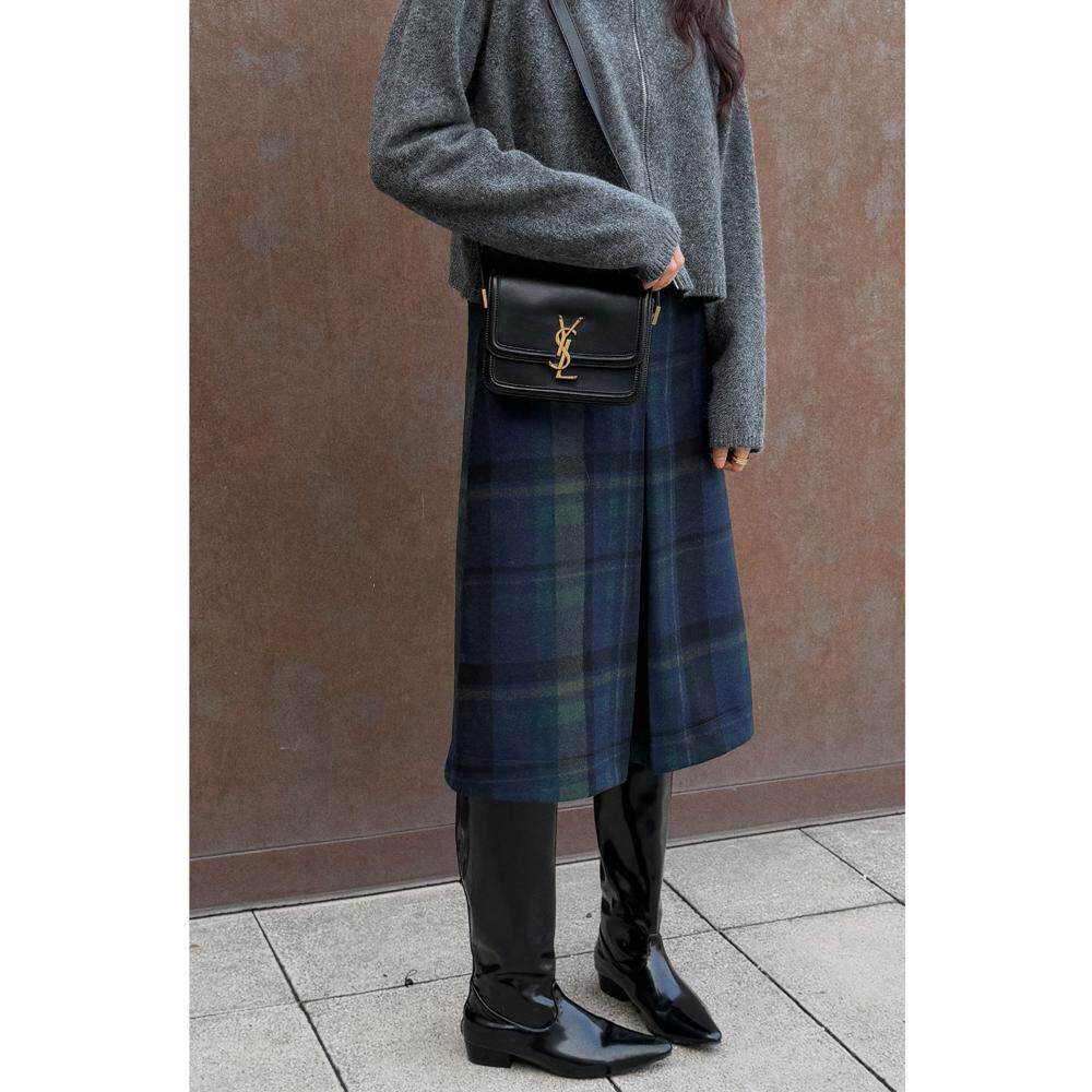 中长款a字复古藏青格羊毛半身裙