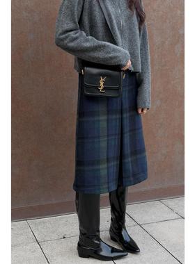 左方露量身定做复古羊毛呢藏青格子半身裙小众设计感a字高腰显瘦