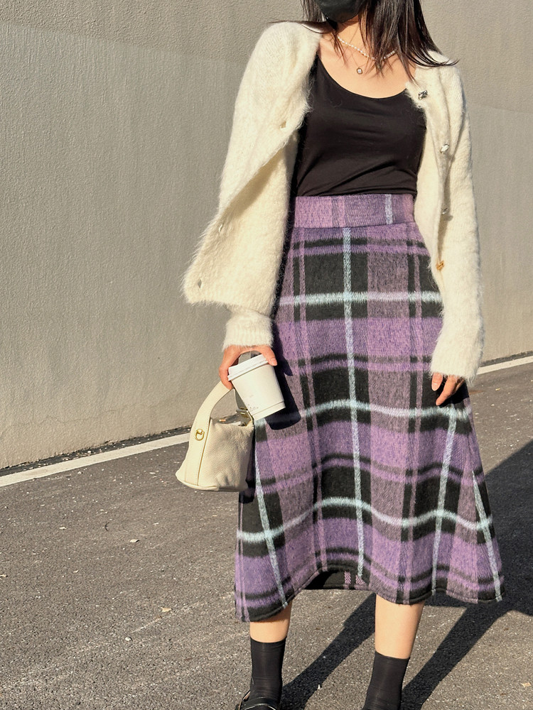中长款A字复古顺毛呢半身裙