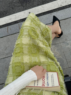左方露量身定做春装新品格子剪花修身高腰半身裙后开叉复古中长款