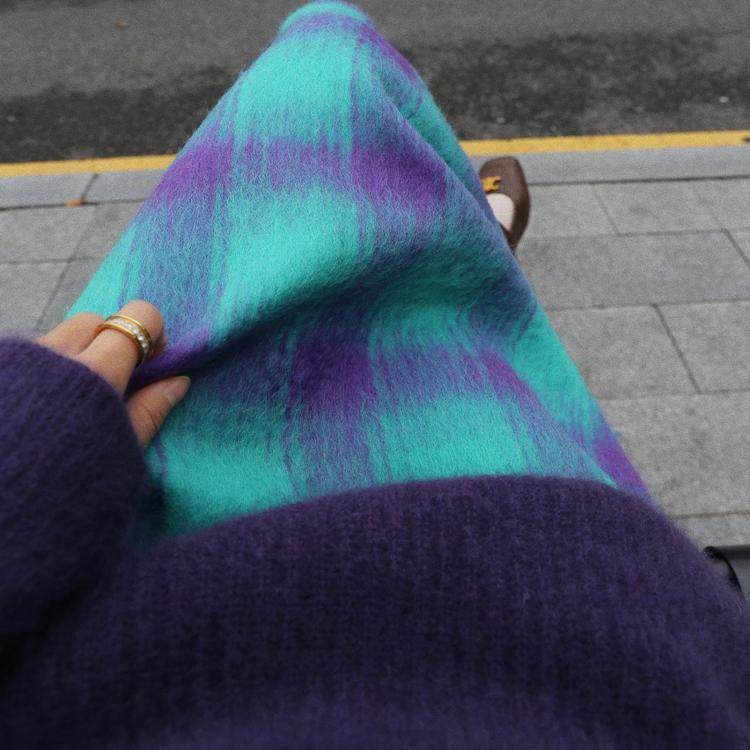 中长款a字复古蓝紫格半身裙