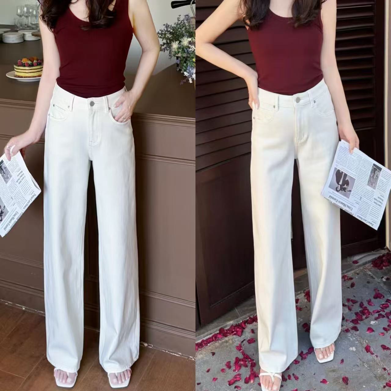 onebrand白色直筒牛仔裤女2026新款简约面料薄软弹力显腿长拖地裤
