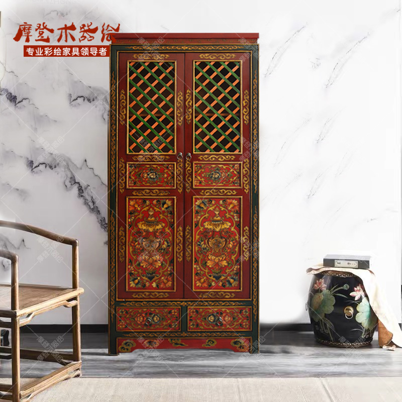 彩绘藏式书柜手绘衣柜仿古立柜做旧鞋柜可定制储物柜佛经柜