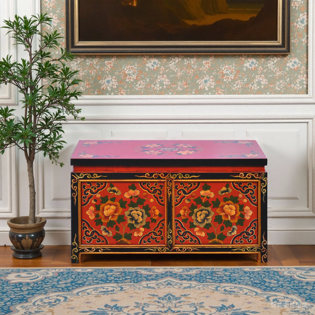 彩绘复古茶几藏式实木炕桌带门茶桌储物柜鞋柜简约讲经书桌门厅柜