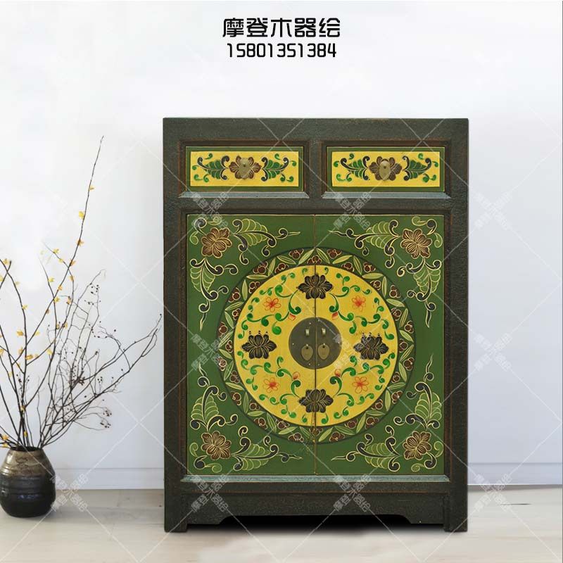 藏式彩绘鞋柜复古餐边柜仿古门厅柜中式实木玄关柜简约现代家具