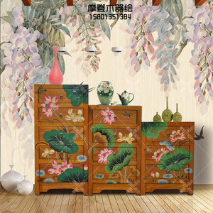 中式彩绘斗柜抽屉柜三斗床头柜四斗柜五斗柜实木储物柜手绘实木柜