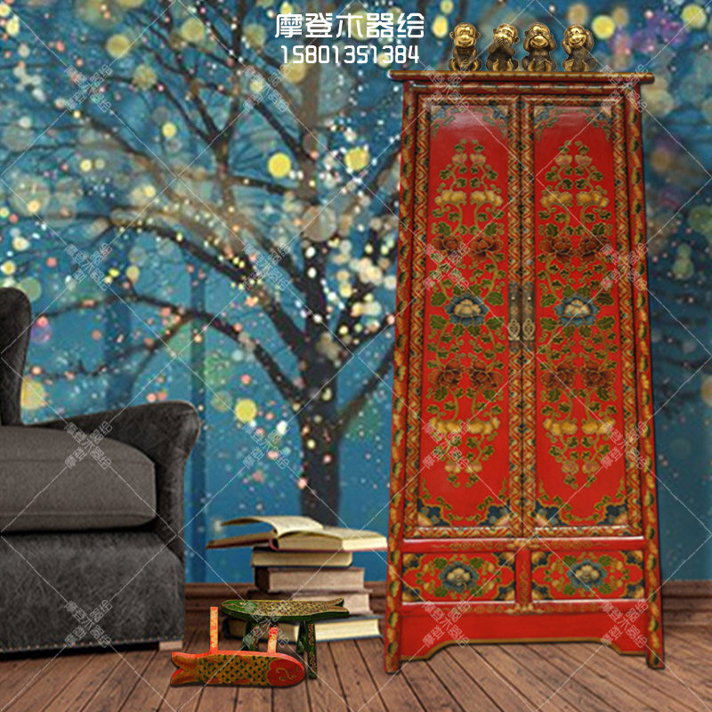 藏式彩绘立柜书柜衣柜复古鞋柜餐边柜客厅装饰柜中式仿古实木家具