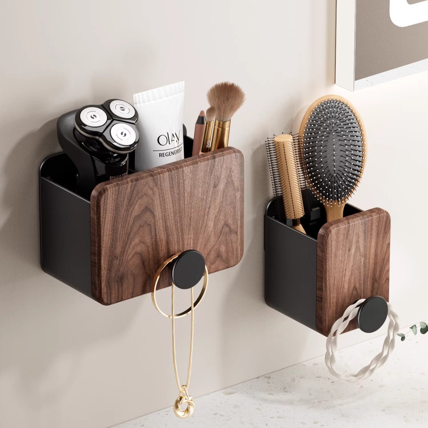 胡桃木浴室卫生间梳子置物架免打孔洗漱台牙膏剃须刀化妆刷收纳筒,收纳整理,壁式收纳盒,淘宝优惠券,粉丝福利购,淘宝优惠卷