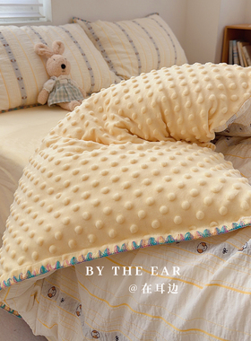 秋冬季色织提花宝宝绒豆豆绒黄色碎花小狗四件套1.5m1.8加厚保暖