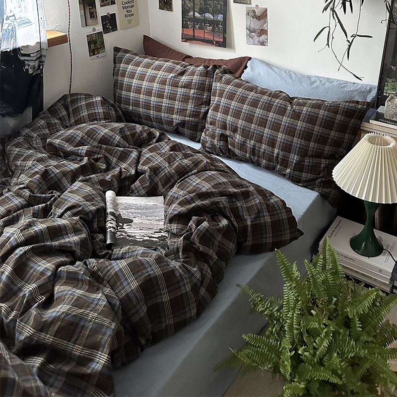 美式格子四件套纯棉简约色织水洗