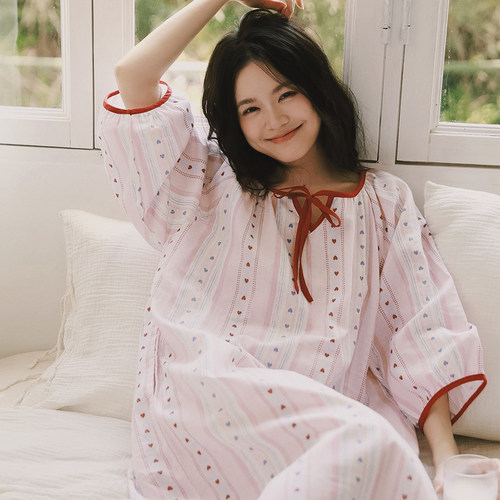 甜美全棉双层纱夏季宽松睡裙