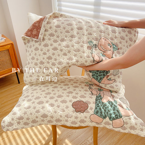 卡通可爱小恐龙纱布枕巾家用透气吸汗防头油枕头纯棉盖巾加厚柔软