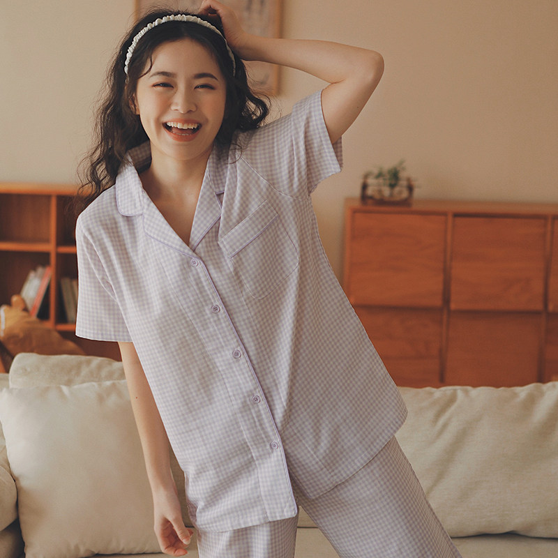 简约小格纹女士睡衣夏季纯棉纱布短袖长裤套装全棉家居服大码夏天
