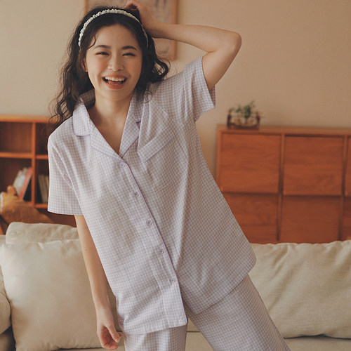 夏季纯棉纱布女短袖长裤睡衣套装