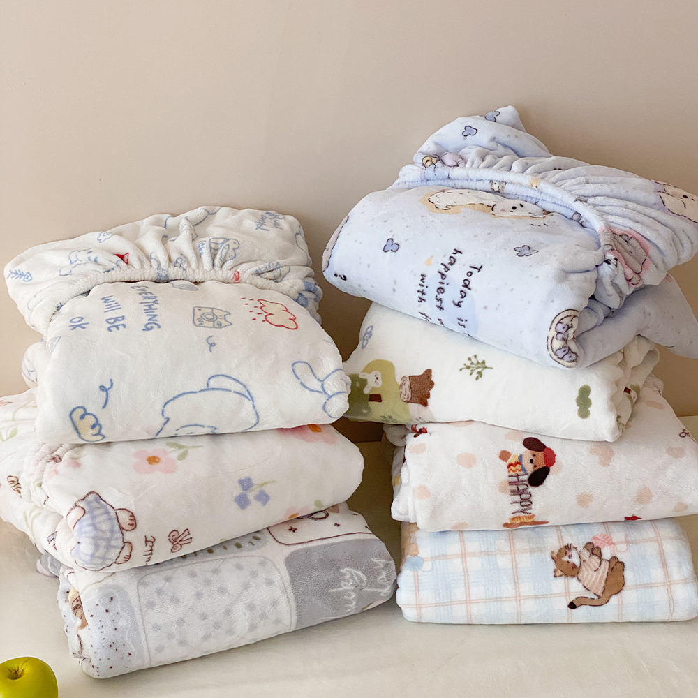 冬季加厚卡通印花牛奶绒全包床罩珊瑚绒床垫保护罩床套防滑床笠