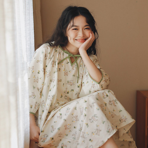 夏季纯棉纱布小兔子睡裙