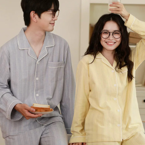 简约条纹情侣秋冬纯棉睡衣