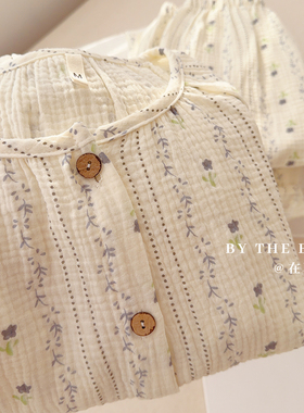 日系小清新雾蓝碎花纯棉纱布睡衣女春秋季长袖舒适家居服两件套