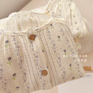 日系小清新雾蓝碎花纯棉纱布睡衣女春秋季 舒适家居服两件套 长袖