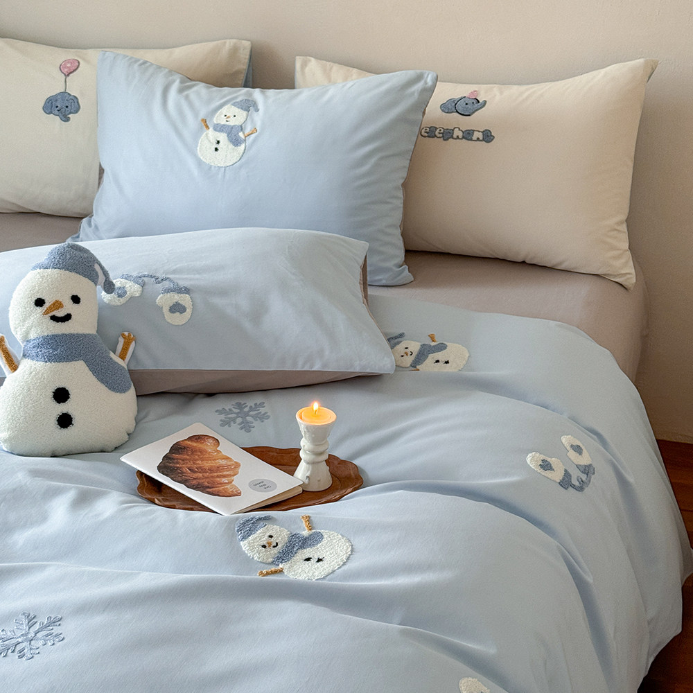 雪人宝宝｜100S高支全棉磨毛可爱毛巾绣四件套纯棉被套床上用品,床上用品,床品套件/四件套/多件套,淘宝优惠券,粉丝福利购,淘宝优惠卷