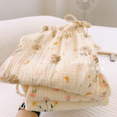 在耳边纯棉双层纱家居裤