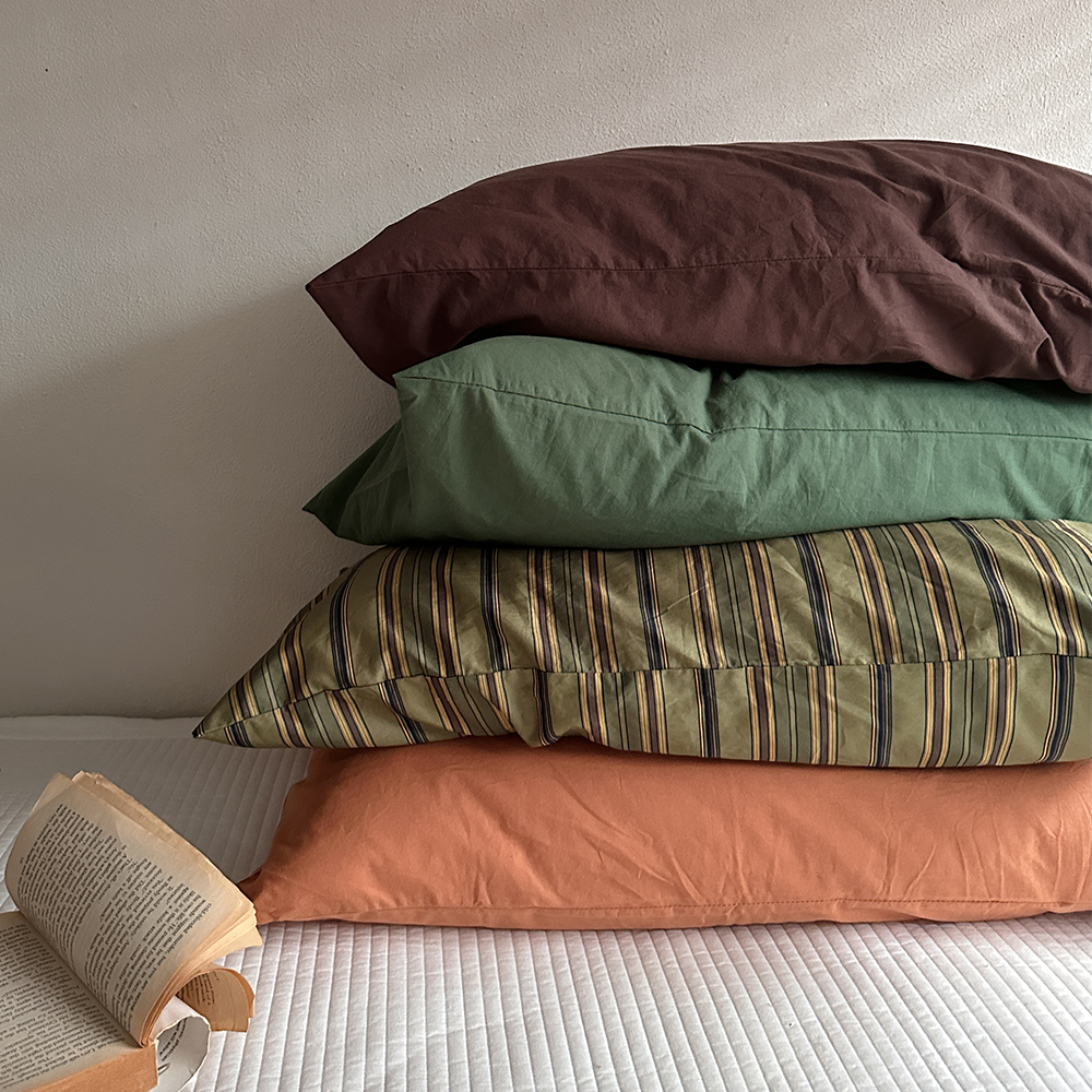 中古风纯色单品条纹水洗棉枕套