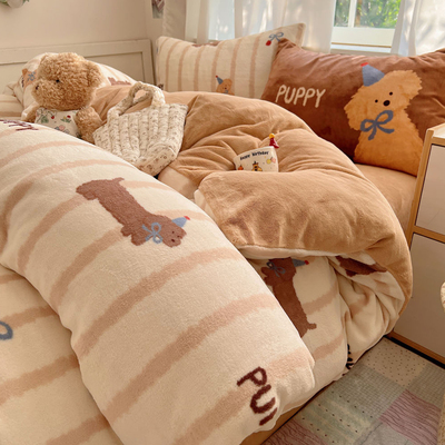 韩系可爱卡通牛奶绒加厚四件套