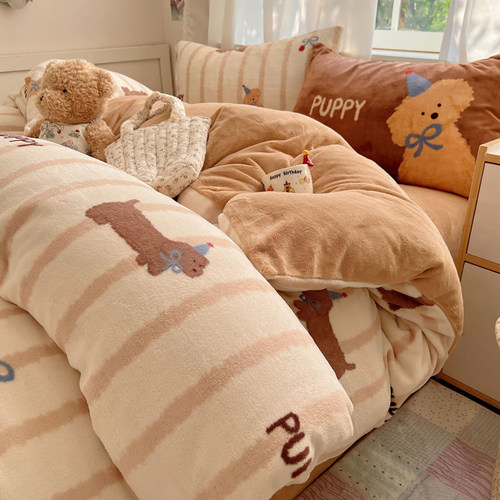 韩系可爱卡通牛奶绒加厚四件套