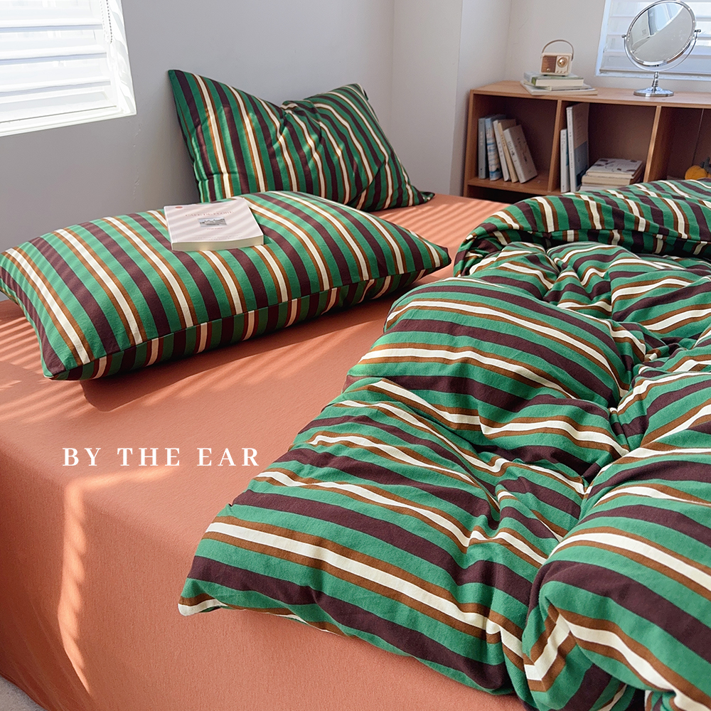 复古条纹A类天竺棉四件套全棉纯棉裸睡亲肤针织棉被套床单床品