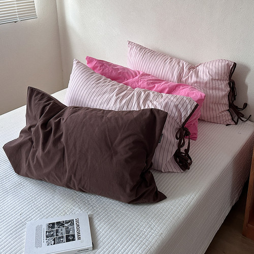 少女心绑带条纹纯棉全棉单人枕套