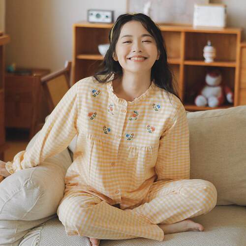 日系甜美小格子磨毛睡衣套装