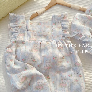 猫咪精灵｜竹棉双层纱带胸垫吊带短裤睡衣柔软薄款纱布睡裙家居服